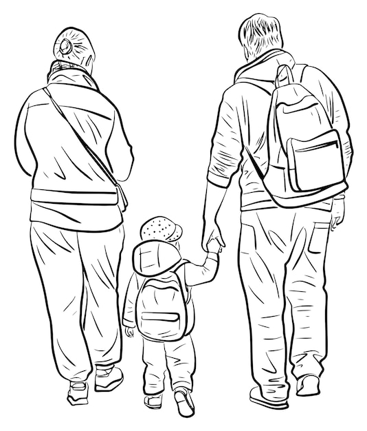 Contourtekening van familie casual burgers met een klein kind dat buiten loopt