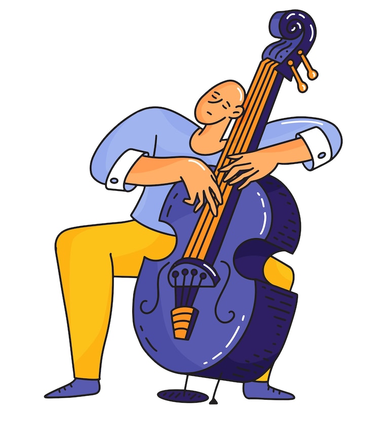 Vector contrabass player sitting and enjoying  double bass jazz music flat vector illustration in doodle s