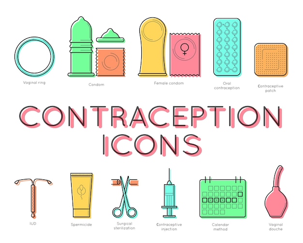 Contraception lineart design hand drawn sketch set of medical objects with titles health care and educational concept vector illustration on white background