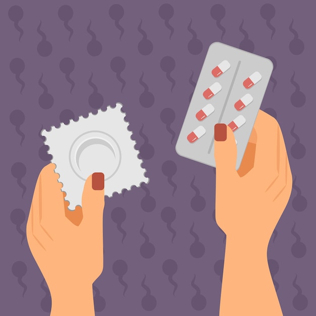 Vector contraception, pills in hand, condom in hand, spermatozoa in the background, medical abortion