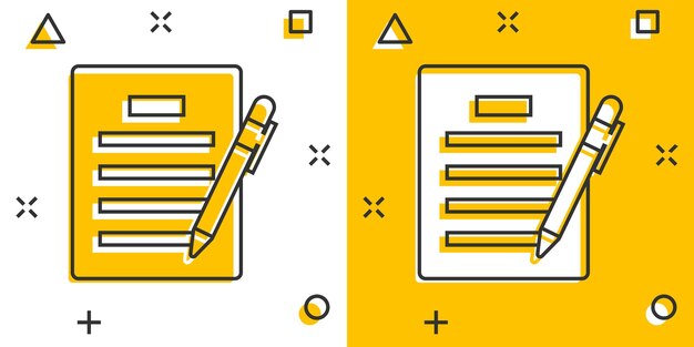 Vector contract agreement icon in comic style document sheet with pen vector cartoon illustration pictogram contract arrangement business concept splash effect