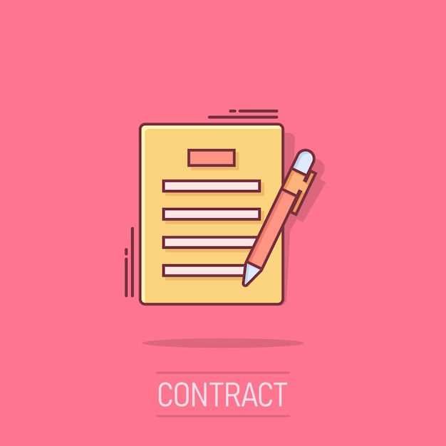 Иконка контрактного соглашения в стиле комиксов Лист документа с векторной мультяшной иллюстрацией пиктограммы Договоренность о заключении контракта с эффектом всплеска бизнес-концепции