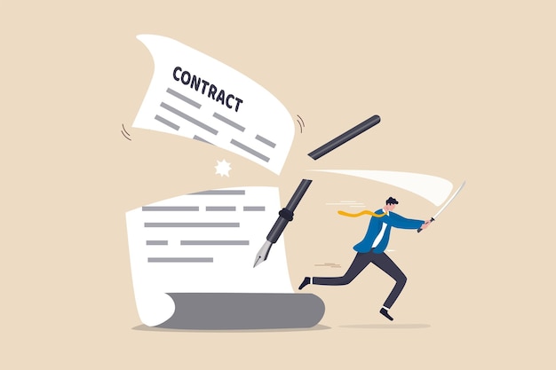 契約のキャンセルまたは契約の終了、パートナーシップの破綻、署名された商取引、行動規範の誤りの概念、剣を使用して契約契約書を切り離す自信のあるビジネスマン。