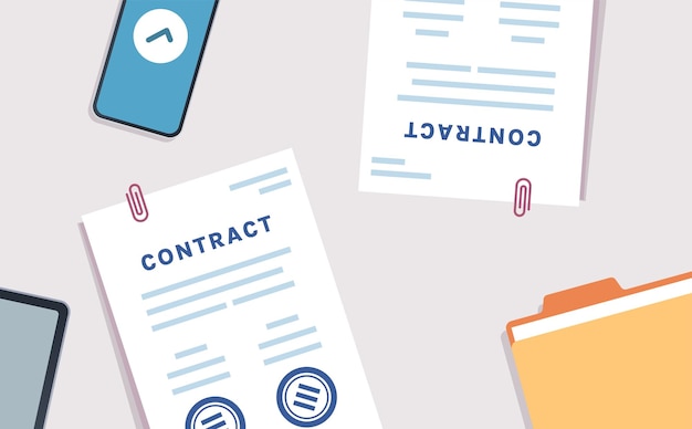 contract closing agreement with paper and digital signature stamp flat vector illustration