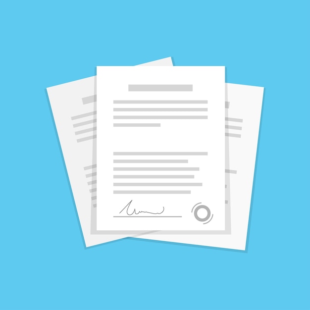 Значок документа контракта в плоском стиле Отчет с подписью и векторной иллюстрацией штампа утверждения на изолированном фоне Бумажный лист подписывает бизнес-концепцию