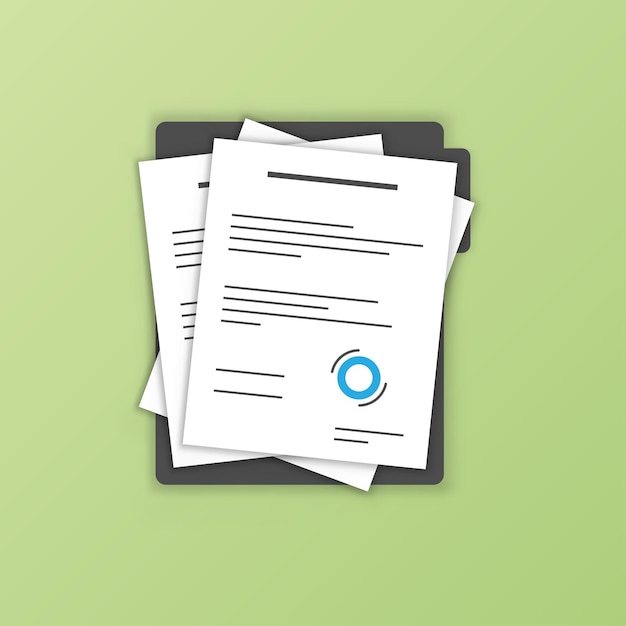 Vector contract document icon in flat style report with signature and approval stamp vector illustration o