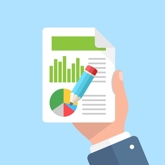 Documento di contratto con illustrazione a matita in mano in stile piatto illustrazione vettoriale di report su sfondo isolato concetto di business segno foglio di carta