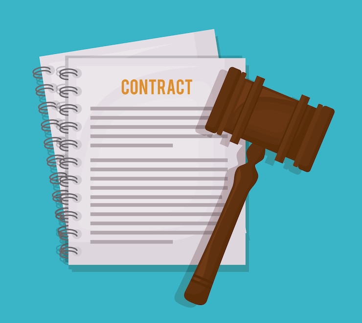 Vector contract documents and judge hammer icon over blue background