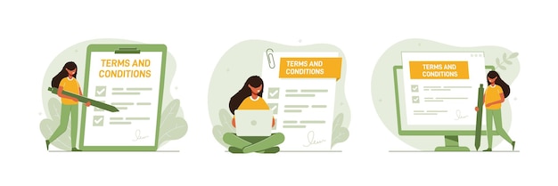 Contract illustration set Character gets acquainted with legal document agreement online