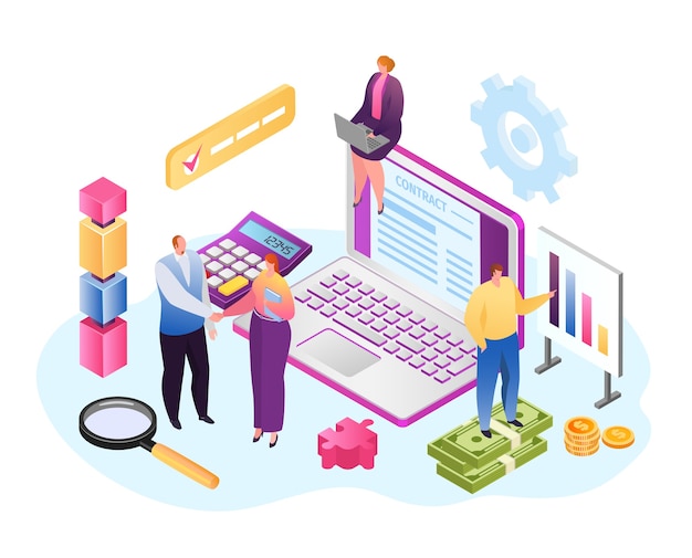 Contract at laptop, isometric business people