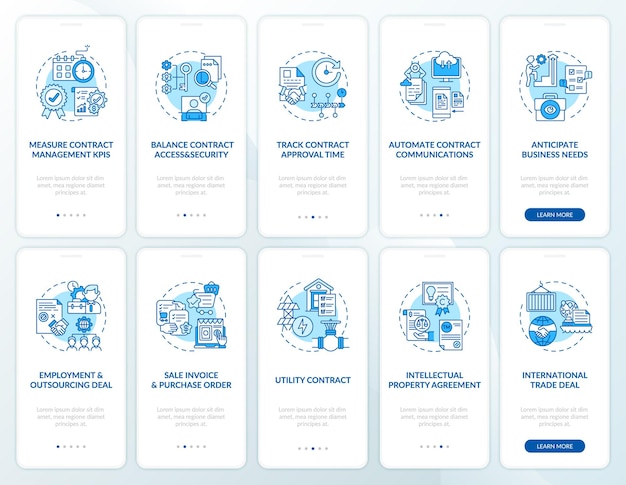 Contract management onboarding mobile app page screen with concepts set. contract preparation steps walkthrough 10 steps. ui  template illustrations