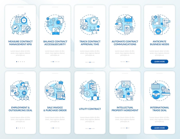 Schermata della pagina dell'app mobile per l'onboarding della gestione dei contratti con i concetti impostati. procedura dettagliata per la preparazione del contratto 10 passaggi. illustrazioni del modello di interfaccia utente