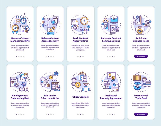 contract management onboarding mobile app page screen with concepts set