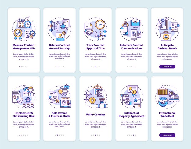 Contract management onboarding mobile app page screen with concepts set