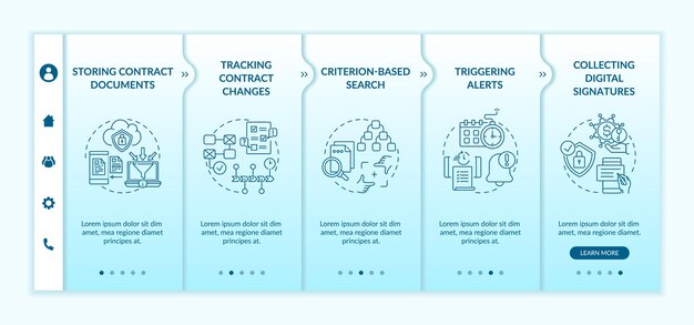 Contract management software functions onboarding  template. tracking contract changes. responsive mobile website with icons. webpage walkthrough step screens. rgb color concept