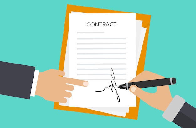 Vector contract signing a male left hand holds a document the right hand signs. modern concept for web.