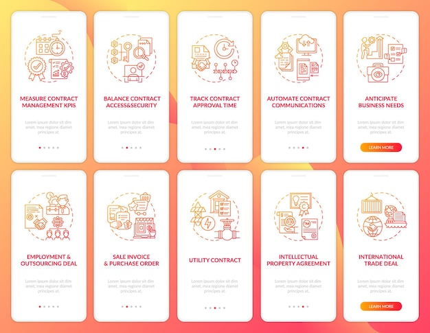 Contractbeheer onboarding mobiele app-paginascherm met ingestelde concepten