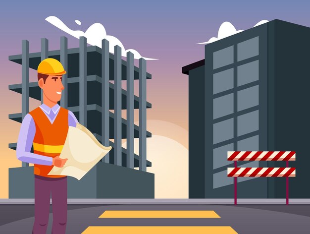 Vector contractor in front of a multistorey building