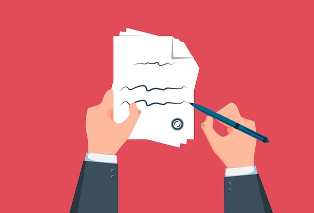 Contractpapieren of documenten. De man ondertekent de documenten. Vector afbeelding op rode achtergrond