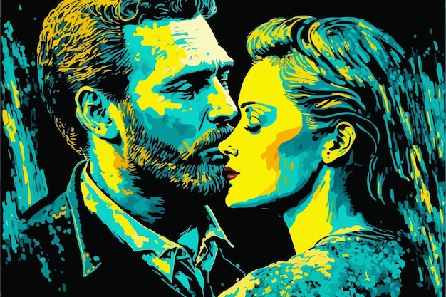 Vector contrast and abstract portrait of a couple in love inspired by van gogh's style