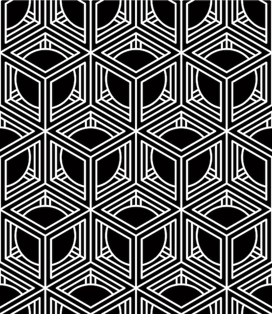 Contrast black and white symmetric seamless pattern with interweave figures. Continuous geometric composition, for use in graphic design.