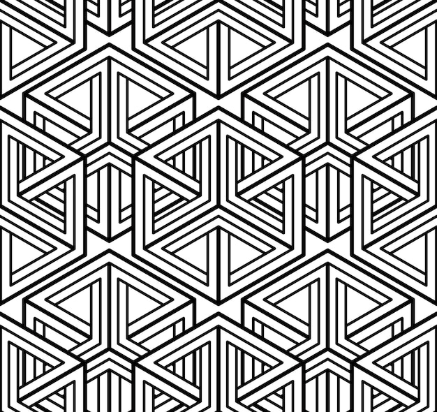 Contrast black and white symmetric seamless pattern with interweave figures. continuous geometric composition, for use in graphic design.