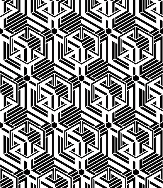 Contrast black and white symmetric seamless pattern with interweave figures. Continuous geometric composition, for use in graphic design.