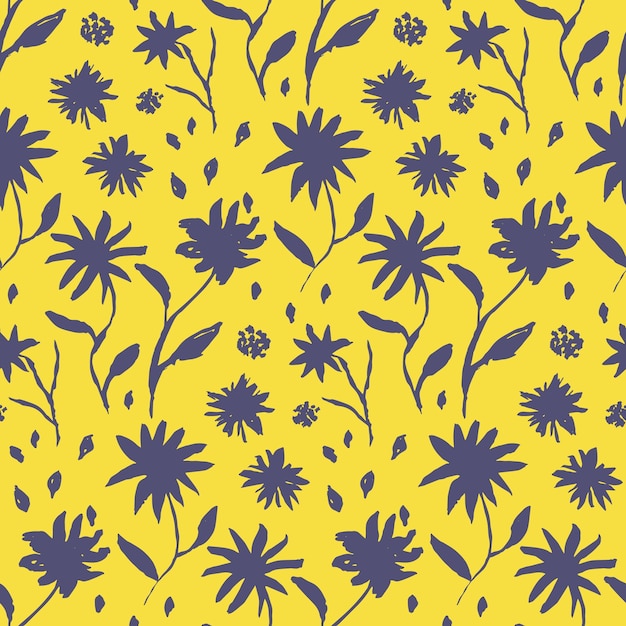 Contrast yellow hand drawn ink flowers pattern