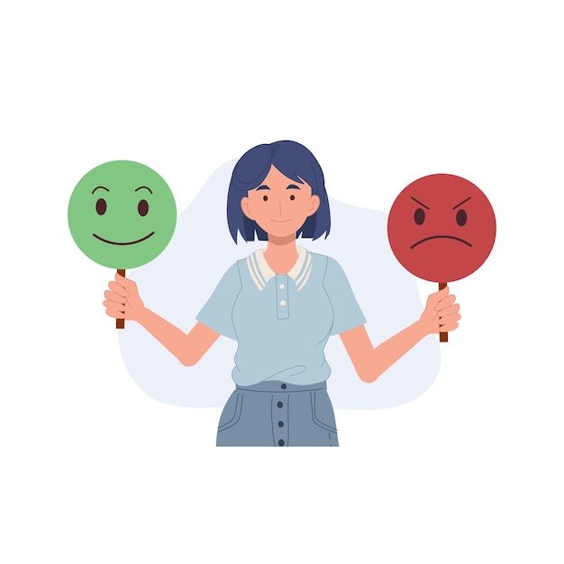 Control emotion concept woman hold face masks expressing emotions and change mood emotional intellect vector illustration