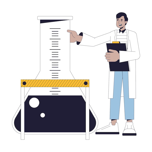 Control of experiment flat line concept vector spot illustration Excited chemist holding big flask 2D cartoon outline character on white for web UI design Editable isolated color hero image