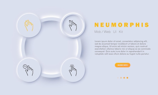 Gesti di controllo per il touch screen imposta l'icona scorri la freccia di scorrimento con il dito indice premi tocca ingrandisci e rimpicciolisci il caricamento dell'ora dell'orologio concetto di tecnologia stile neomorfismo icona della linea vettoriale per le aziende