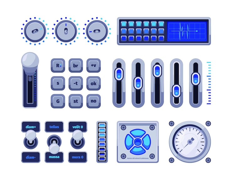 Vector control panels ui elements buttons checkboxes switch dots electric meter display music amplified volume control dashboards garish vector templates illustration of button panel control