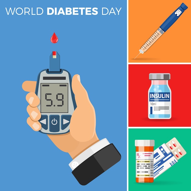 Control your Diabetes concept. World diabetes day. Hands holds blood glucose meter. insulin pen syringe, pills and insulin vial. isolated vector illustration