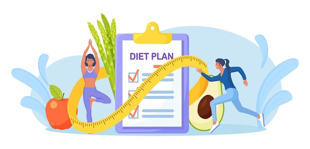 Vector controlelijst dieetplan. mensen die sporten, trainen en een dieet plannen met groenten en fruit. meisje doet yoga. voeding gewichtsverlies dieet, individuele voeding. gezondheid levensstijl, fitness
