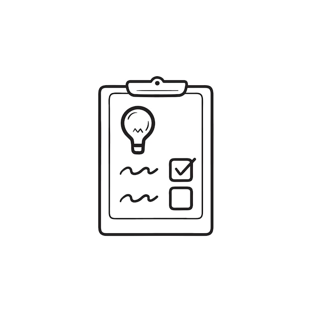 Controlelijst met gloeilamp hand getrokken schets doodle pictogram. Business idee, strategie planning, workflow concept. Schets vectorillustratie voor print, web, mobiel en infographics op witte achtergrond.