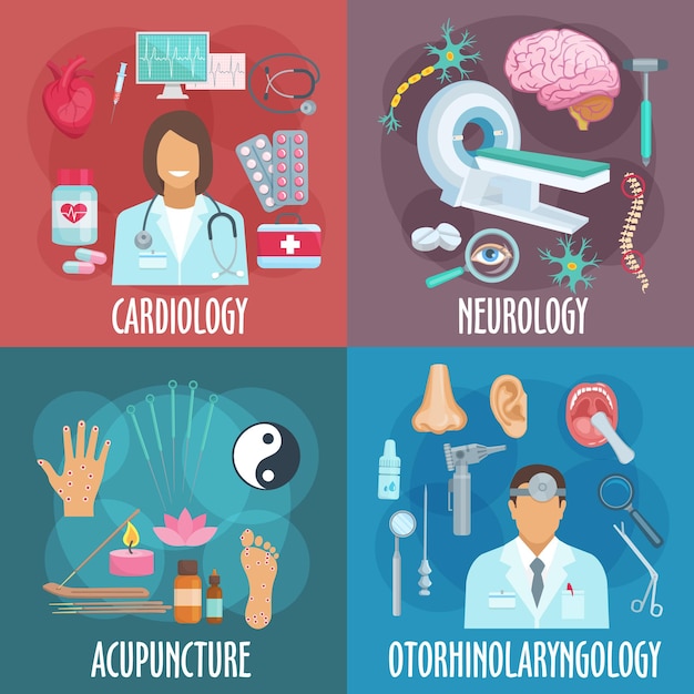 Conventional and alternative forms of medicine icons of cardiology, neurology, acupuncture and otorhinolaryngology flat symbols