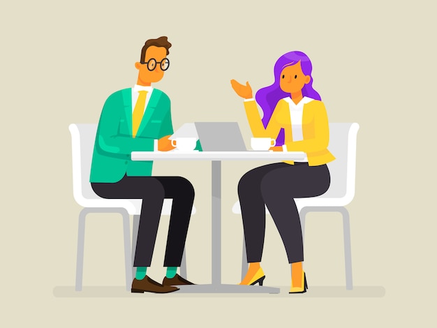 Vector conversation of business people. a man and a woman are discussing the project, illustration in flat style