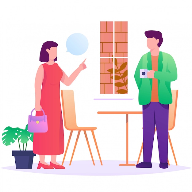 conversation couple on cafe flat illustration