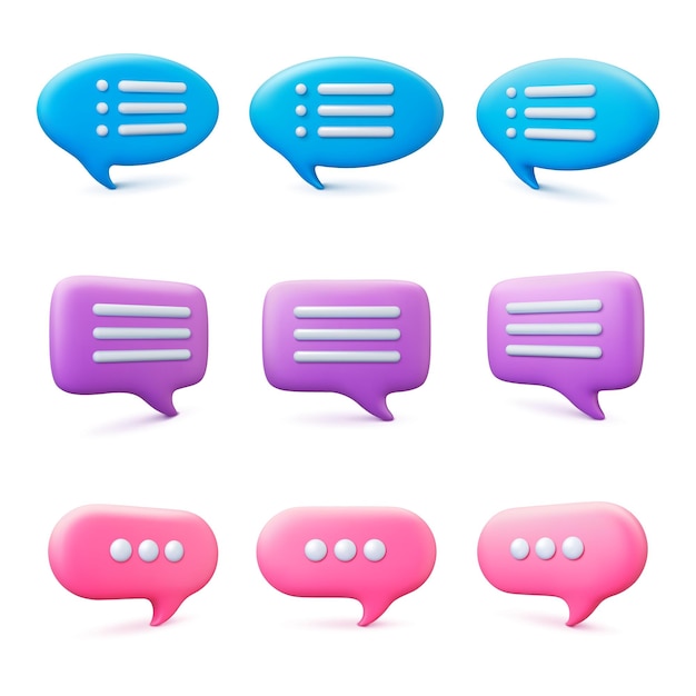 Vector conversation speech bubbles 3d design message bubble different text balloons for feedback text or comment isolated clouds bot chat vector set of conversation speech talk and speak illustration