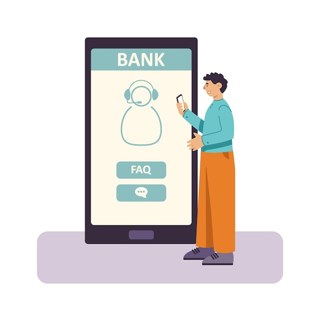 Conversation with bank operator. Online consultation by phone. Application on smartphone for prompt receipt of information. Chat with consultant, FAQ. Male vector character waiting for answer