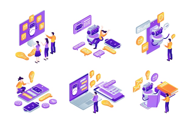 Conversational ai chatbot isometric mini compositions set