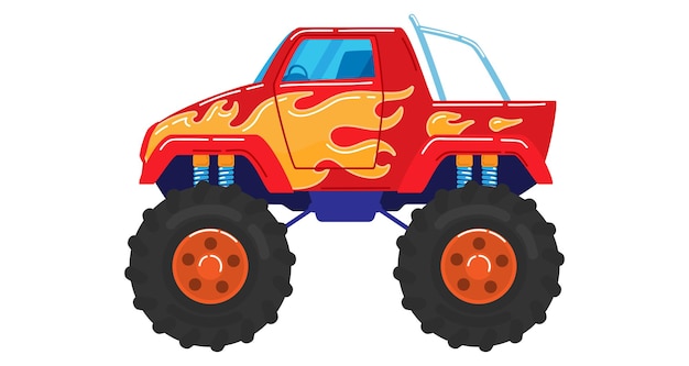 Auto convertite camion su grandi ruote veicolo pesante potente motore design vettore stile cartone animato
