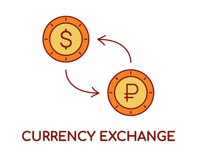 원 안에 화살표가 있는 루블 동전으로 달러를 변환합니다. 텍스트 통화 Exchange 돈 경제. 상