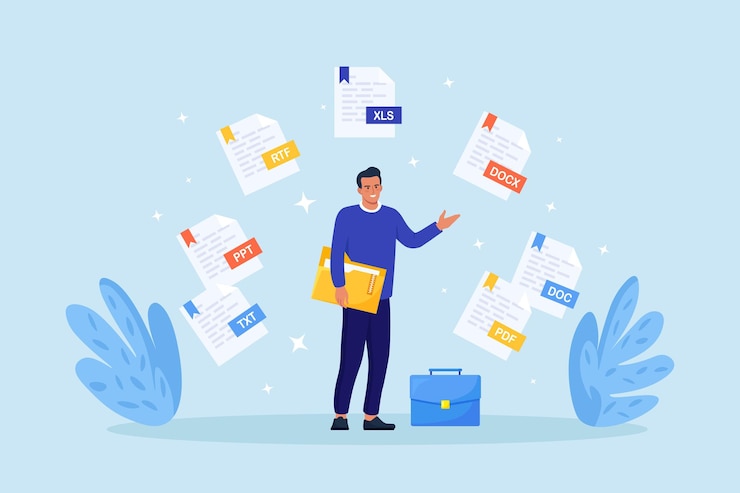 Vector converting exchanging different file formats man sharing or send with document in pdf doc xls or txt format documents conversion cloud service and information exchange download files