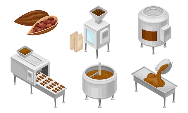 Vector conveyer belt with chocolate sweets rested on it and cocoa beans as main ingredient vector set