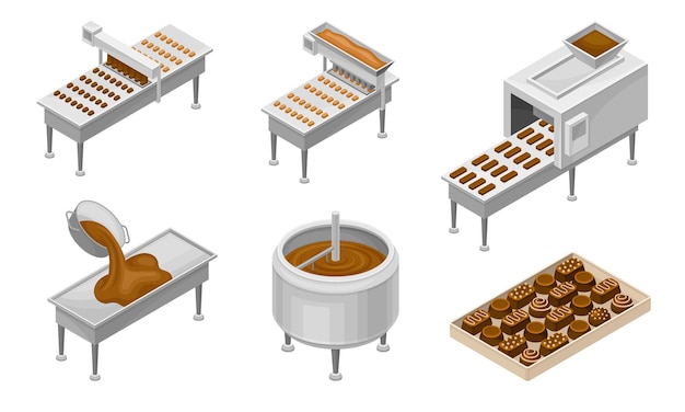 Vector conveyer belt with chocolate sweets rested on it and cocoa beans as main ingredient vector set