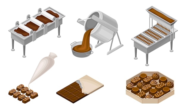 conveyer belt with chocolate sweets rested on it and cocoa beans as main ingredient vector set