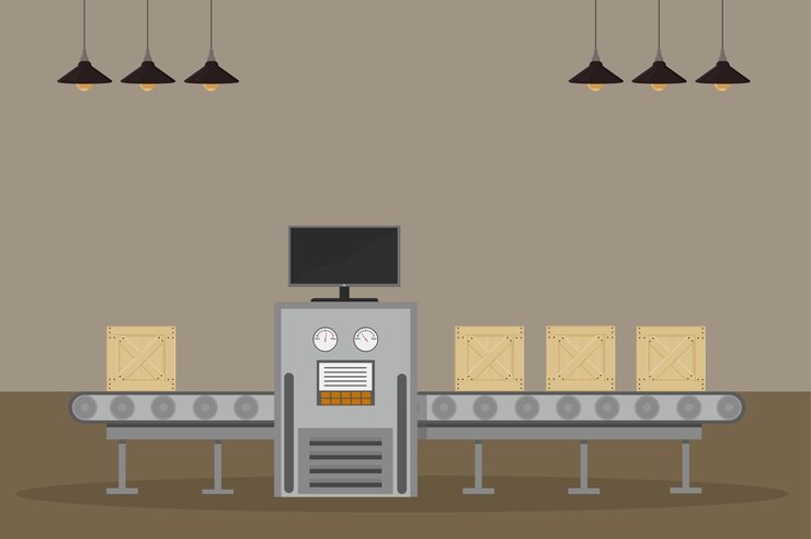 Vector a conveyor belt at the post office or factory with boxes of products
