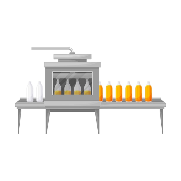Vettore illustrazione vettoriale del nastro trasportatore con fase di imbottigliamento del succo d'arancia