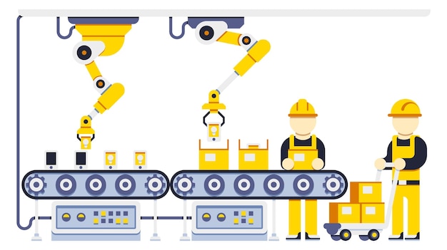 Conveyor belt with working engineers factory line concept